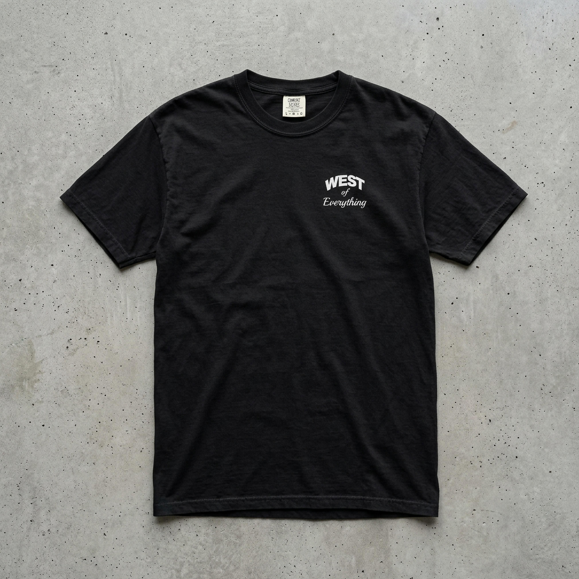 W8V West of Everything black tee Comfort Colors 1717 left chest graphic Bay Area streetwear