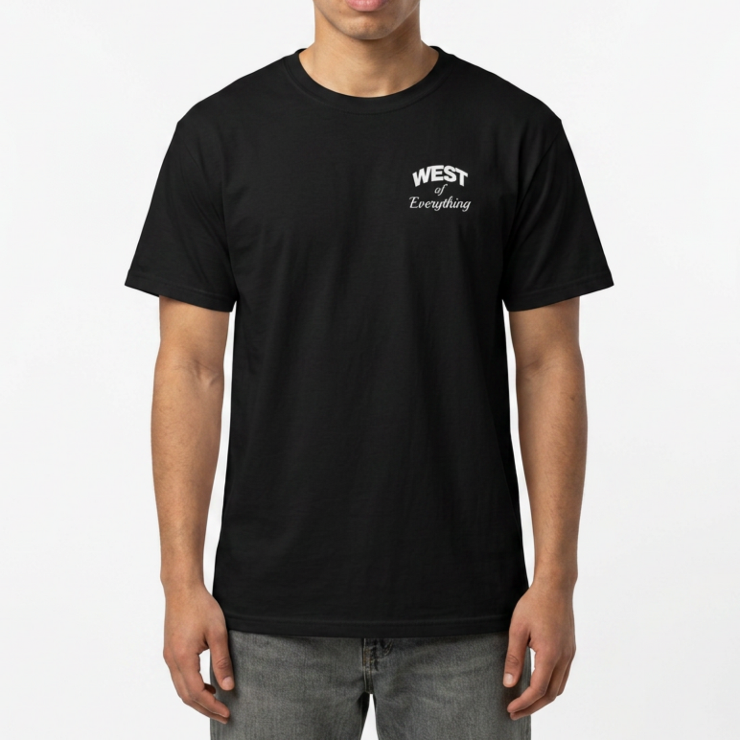W8V West of Everything black tee on body left chest graphic Bay Area streetwear minimal