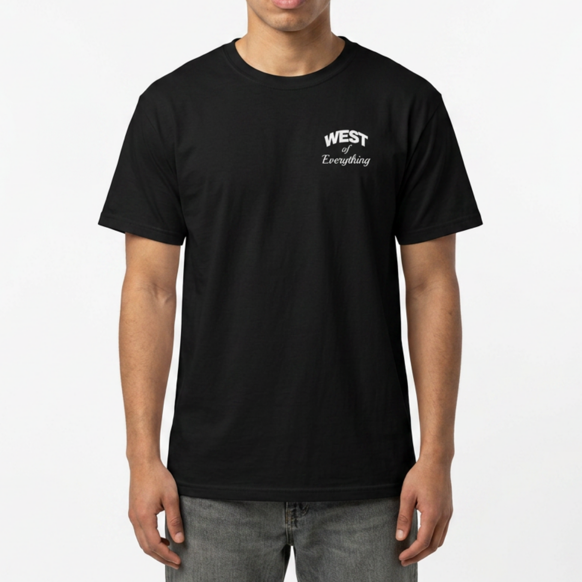 W8V West of Everything black tee on body left chest graphic Bay Area streetwear minimal